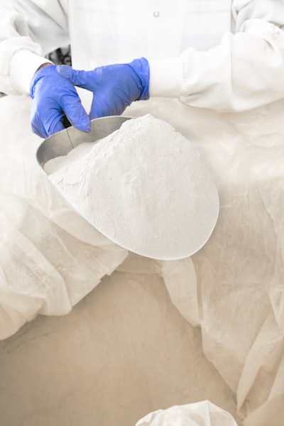 Protein powder blends flow into bulk bags. They then are transferred in-house to packaging lines that fill pre-formed poly bags and pouches of various sizes or in bottles.