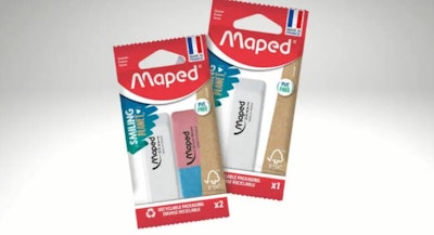 Maped's new eraser packaging features a transparent fiber-based window.