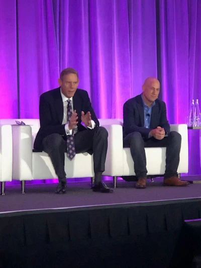 AVEVA CEO Caspar Herzberg (left) and chief product officer Rob McGreevy answer questions during a press conference at AVEVA World 2023.