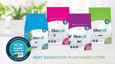 The new packaging for Healthy Pet’s ökocat natural litter is a double-wall paper bag with a multi-wrapped paper handle that is glued in-between the layers of the bag for extra strength and durability.