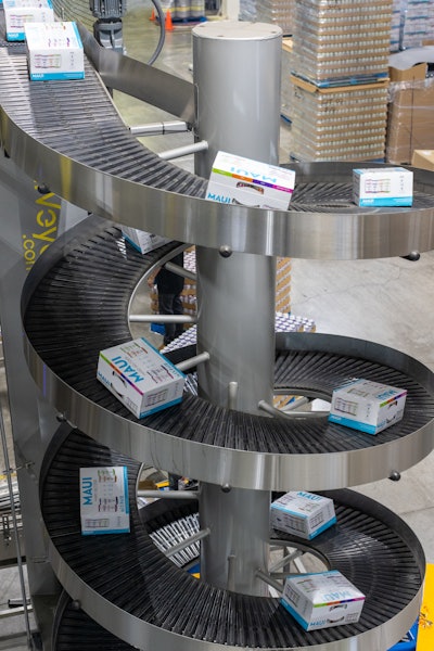 Finished product, comprising filled cartons in case trays, are conveyed back to the main floor of the facility for palletizing.