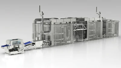 A bacon process that previously took about 40 workers now uses just two workers to run this automated spiral cooking, smoking, and freezing system.