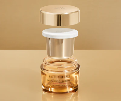 The refillable/reusable packaging for Esteé Lauder’s Revitalizing Supreme+ Moisturizer Youth Power Crème includes a reusable glass jar and a refill pod made from plastic. Image courtesy of The Estée Lauder Companies