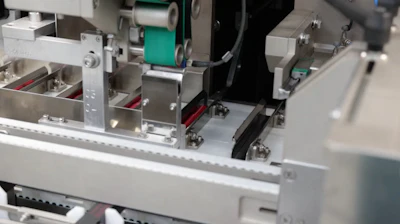 The green belt shoots the literature or pamphlet in between the carton and the mascara tube. When tubes are pushed into the carton, the literature goes along for the ride.