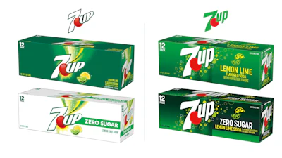 New 7UP design elements (right) include a flatter, less cluttered logo, icons instead of photo-realistic lemon-lime wedges, and equal descriptive messaging between classic Lemon-Lime and newer Zero Sugar flavors.