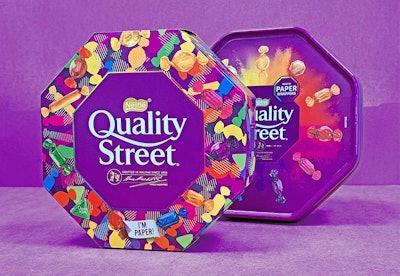 The paper carton for Quality Street enables more boxes to fit on a pallet and is said to have the potential to reduce CO2 emissions significantly. Image courtesy of Smurfit Westrock.