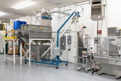 The 40 cu ft (1.13 m3) capacity Ribbon Blender with integral bag dump station, floor hopper, and flexible screw conveyor, transfers blended batches to a packaging line.
