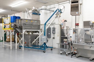 The 40 cu ft (1.13 m3) capacity Ribbon Blender with integral bag dump station, floor hopper, and flexible screw conveyor, transfers blended batches to a packaging line.