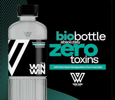 The Win Win water bottles, including the label and cap, are made entirely from Luminy PLA polylactic acid from TotalEnergies Corbion. Image courtesy of TotalEnergies Corbion.