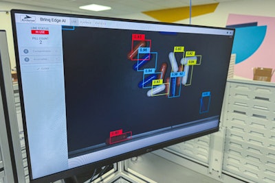This image, which was taken in 42 Technology’s development labs, shows the system’s deep-learning software monitoring a range of example products and differentiating by color. The system not only identifies objects but also distinguishes between them, detecting anomalies or defects and triggering alerts when necessary.