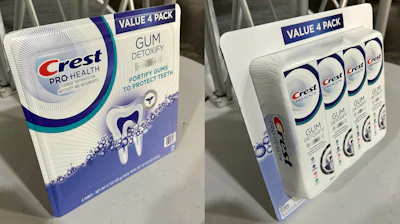 P&G's Crest Pro Health four-count value packs are in an all-paper blister using Atlantic Packaging cardstock, formed on Starview blister equipment.