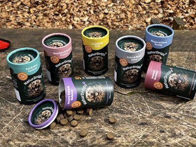 NaturDrops’ functional dog snacks come in colorful paper-based GreenCan packages, each product tailored to support specific health needs.