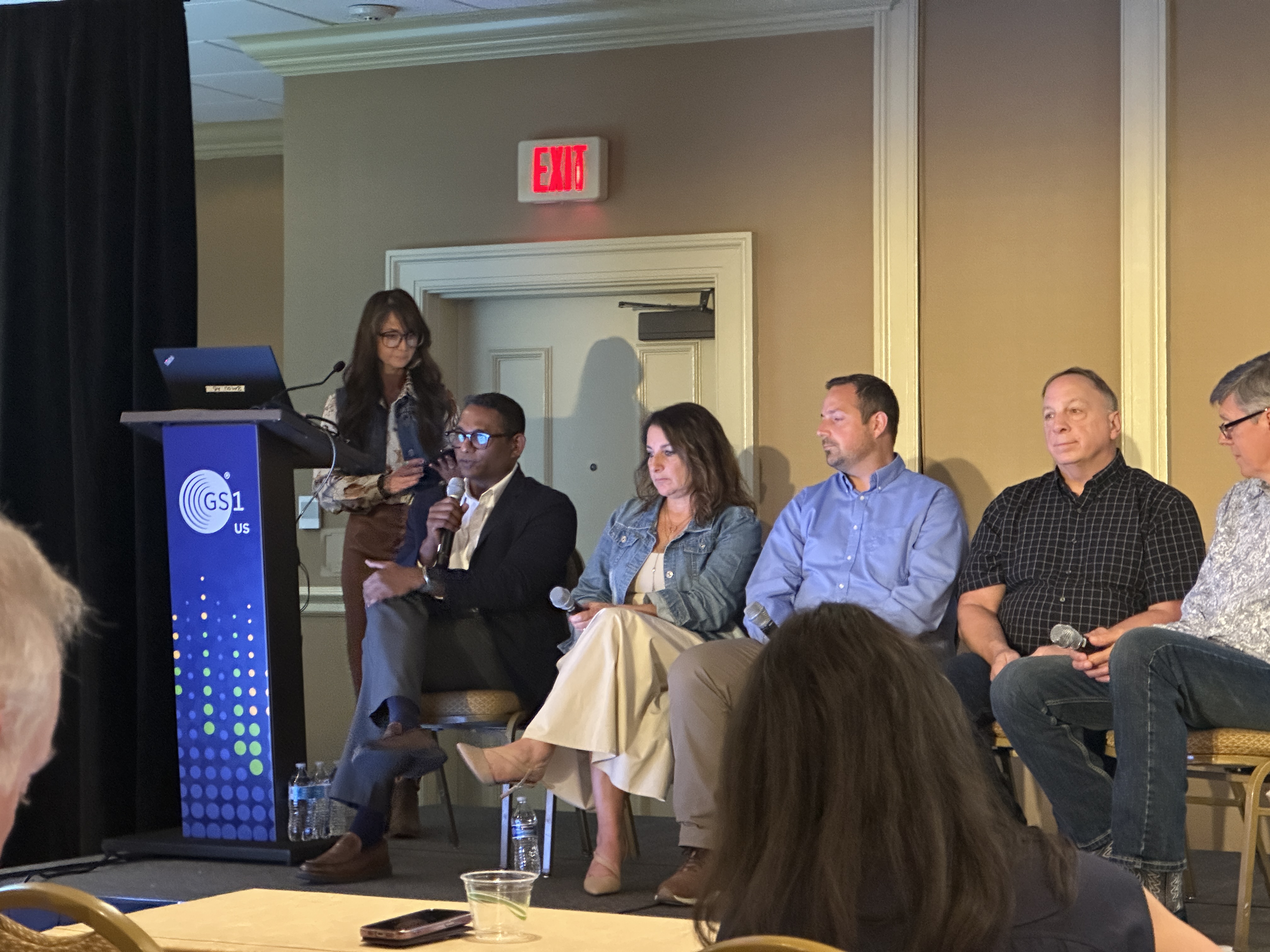 (from left, speaking) Prakash Christopher, Kenvue; Maryann Moschides, ScanBuy; Scott Jackson, Datalogic; Paul Wawrzyniak, Wegmans; and Steven Keddie, GS1.