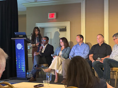 (from left, speaking) Prakash Christopher, Kenvue; Maryann Moschides, ScanBuy; Scott Jackson, Datalogic; Paul Wawrzyniak, Wegmans; and Steven Keddie, GS1.