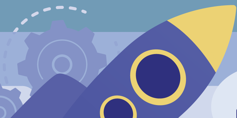 Abstract geometric design with rocket, gear, and mountain shapes in blue and yellow