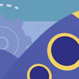 Abstract geometric design with rocket, gear, and mountain shapes in blue and yellow