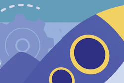 Abstract geometric design with rocket, gear, and mountain shapes in blue and yellow
