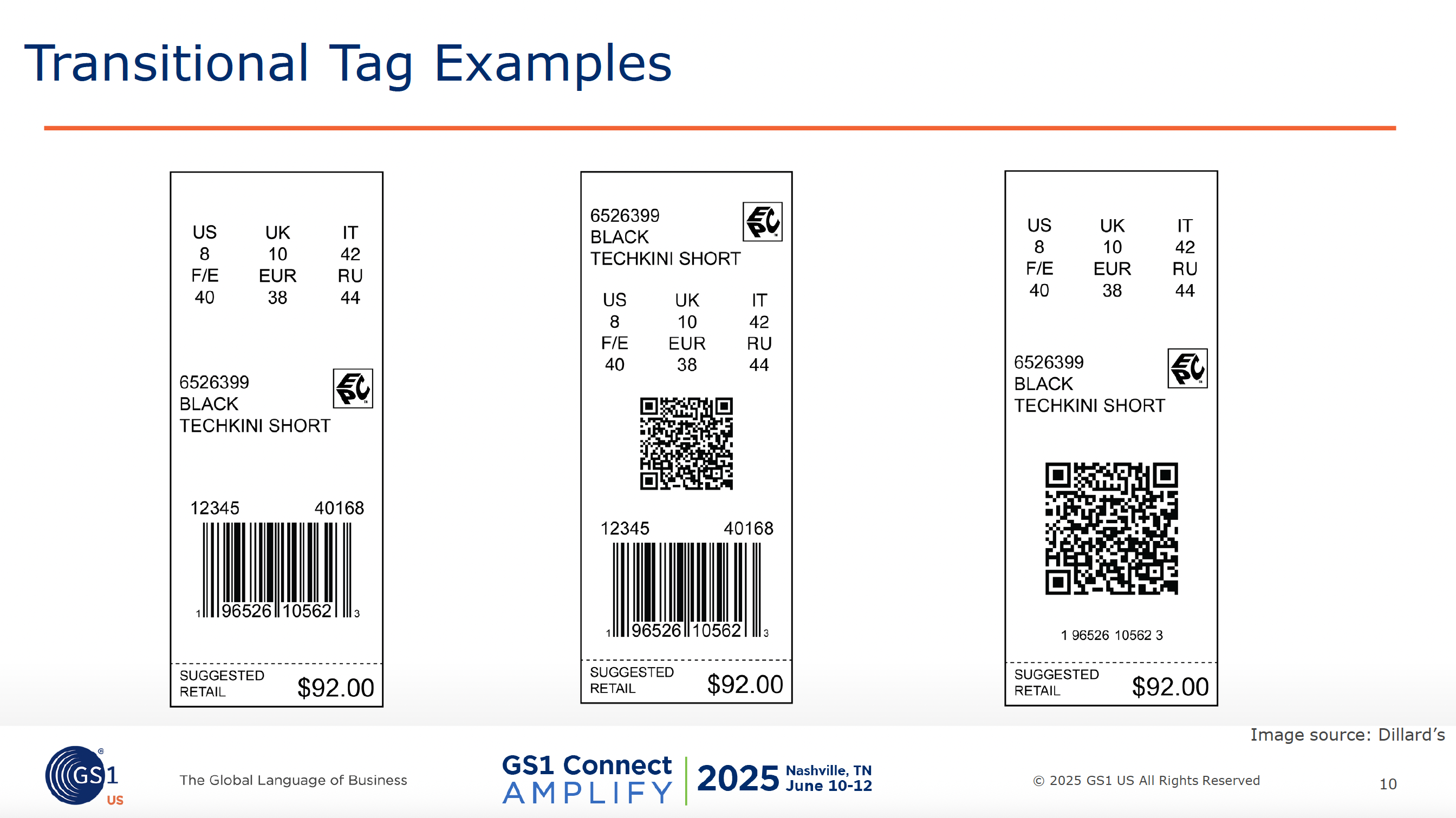 GS1 product tag examples showing Techkini Short sizing, barcodes, and pricing details