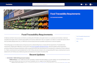 Walmart's Food Traceability Requirements landing page for brands.