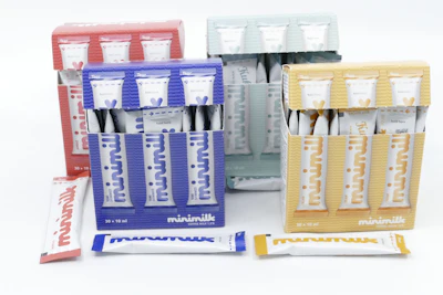 Minimilk beverage packages in red, blue, yellow, and gray color variations