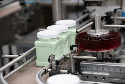 Pharmaceutical packaging machine with green bottles on conveyor belt