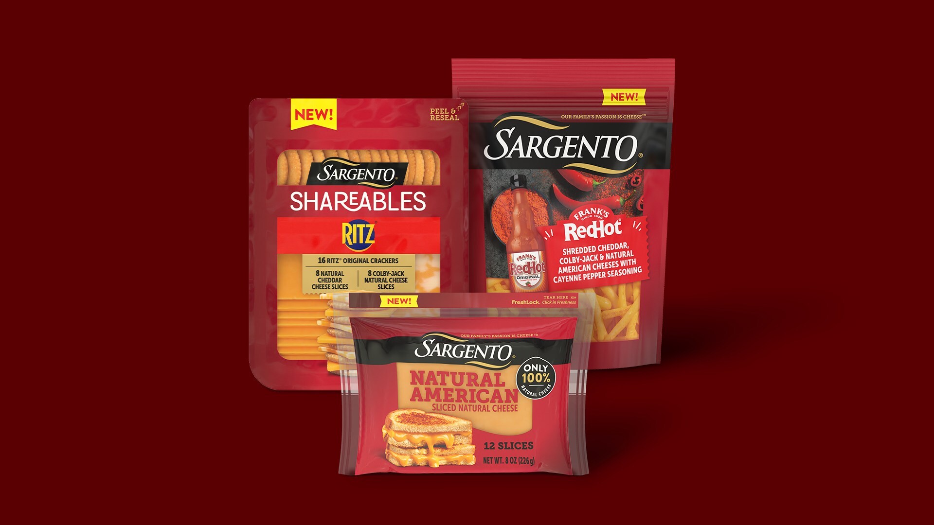 Sargento cheese product packages in red and yellow, including Shareables, Ritz, and Natural American slices