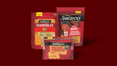 Sargento cheese product packages in red and yellow, including Shareables, Ritz, and Natural American slices