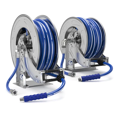 Two industrial stainless steel hose reels with blue flexible hoses