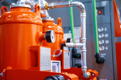 Bright orange industrial machinery with pressure gauges and metal piping