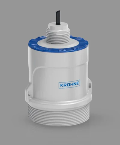 White and blue Krohne industrial sensor with threaded connections