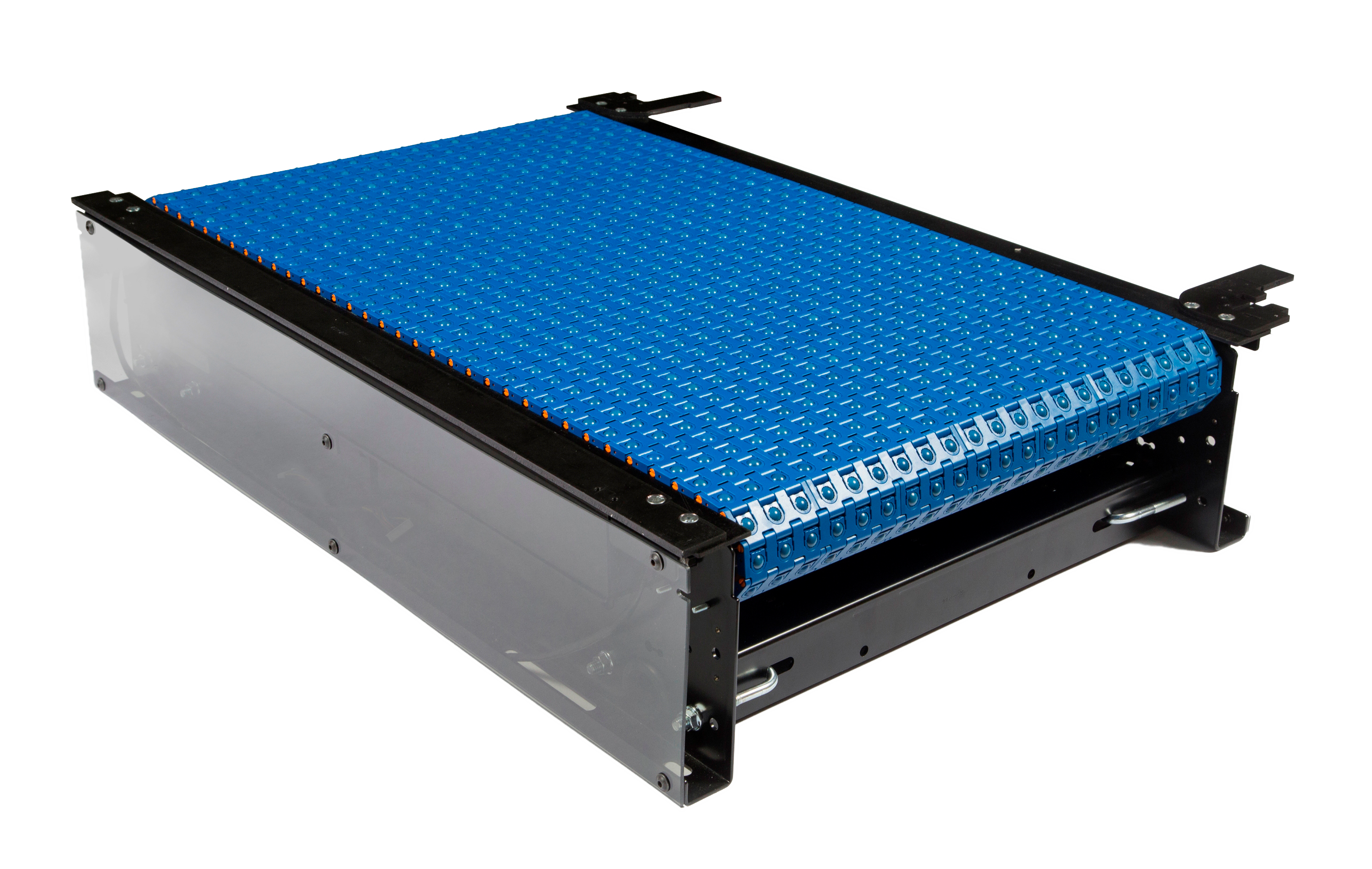 Blue and black industrial conveyor system with modular grid surface