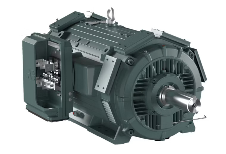 Industrial electric motor with cooling fins and metal housing
