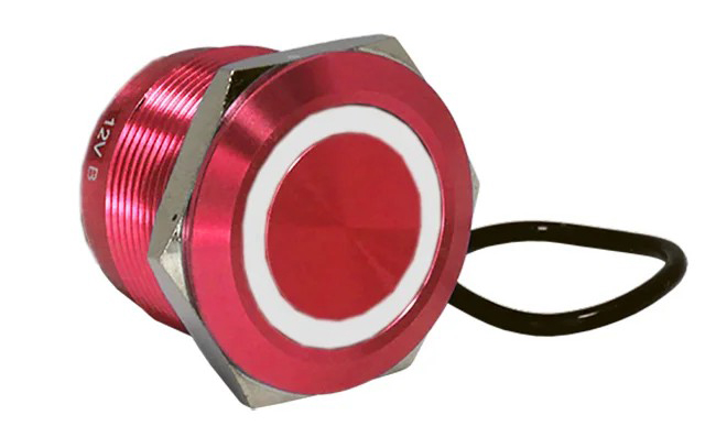 Red metallic illuminated push button switch with white circular center