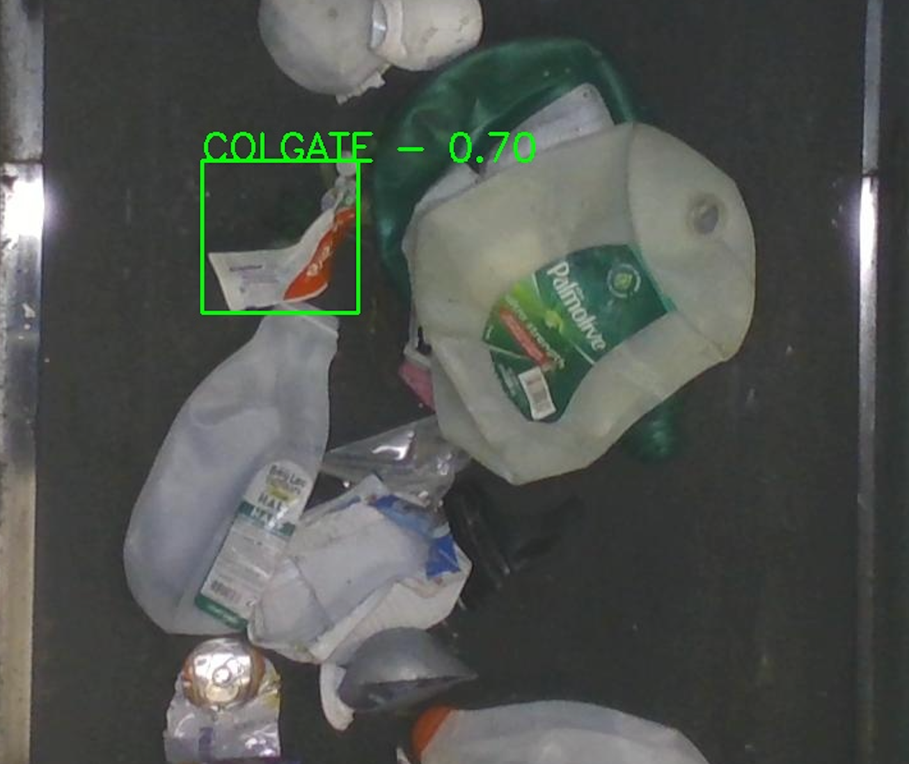 Glacier&rsquo;s AI system identifies a Colgate toothpaste tube on a Material Recovery Facility (MRF) conveyor line. The system uses optical and material recognition to distinguish HDPE tubes from other plastics, verifying how often they are captured in the recycling stream.