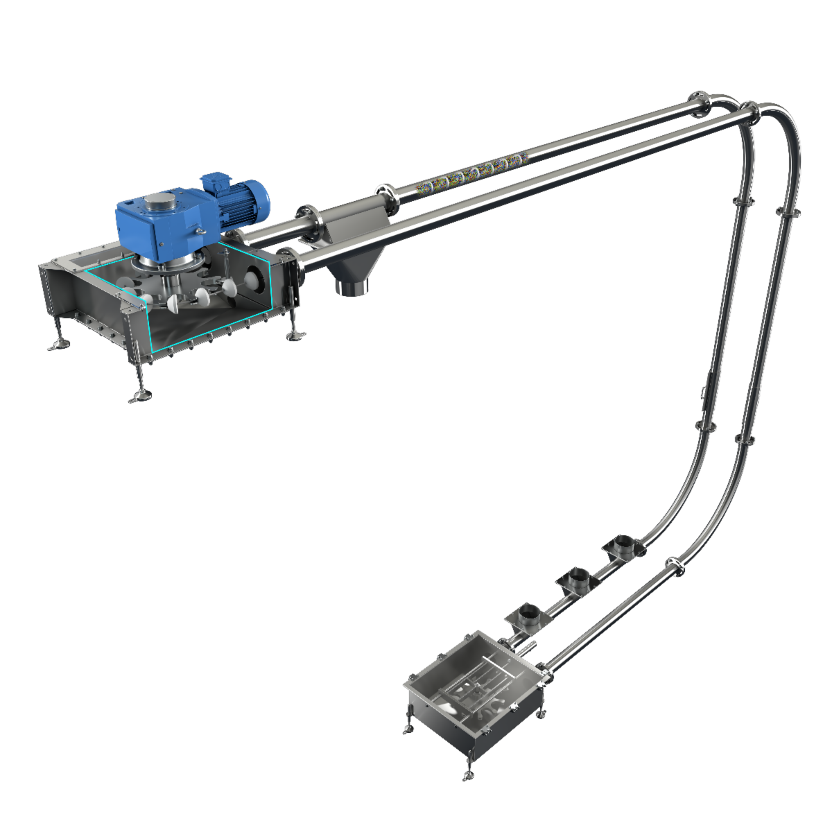 Industrial robotic arm with articulated metal framework and blue motor