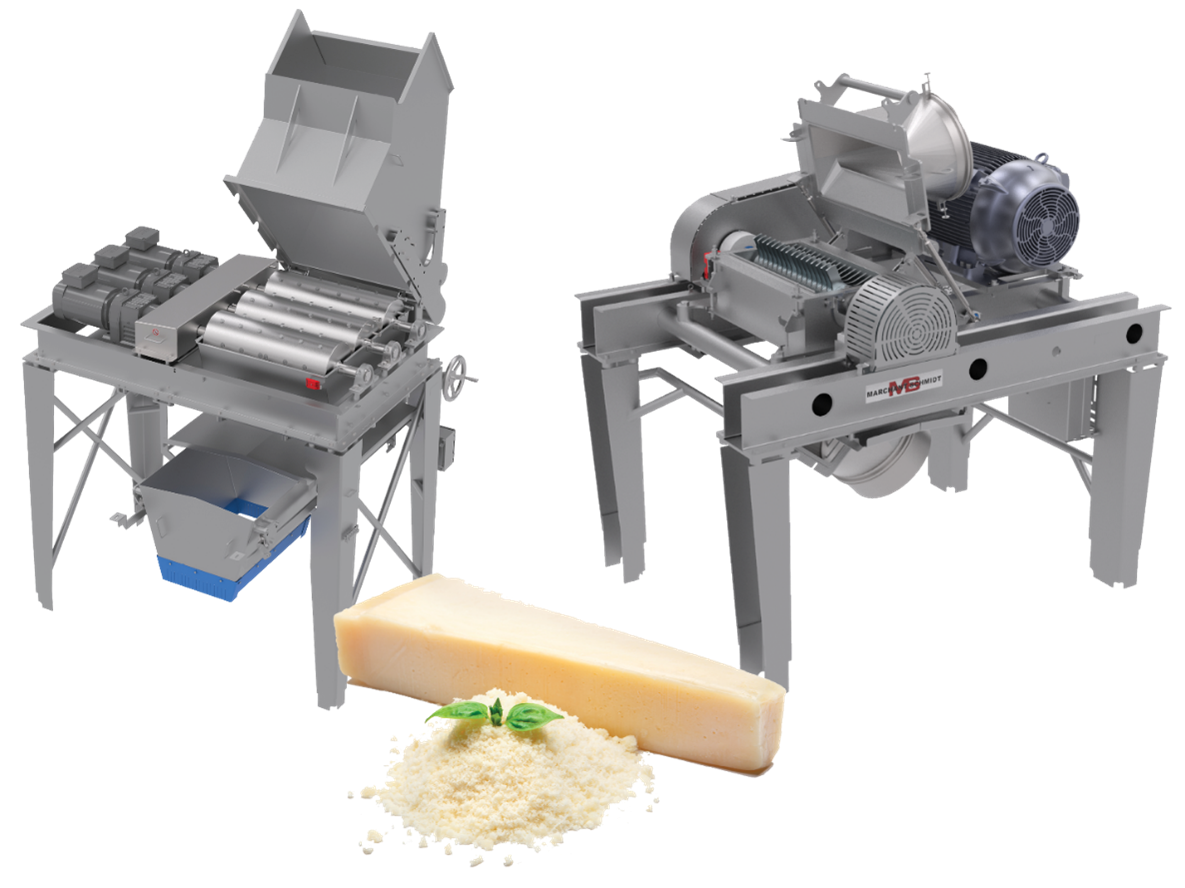 Industrial cheese processing machines with grated parmesan and whole cheese block