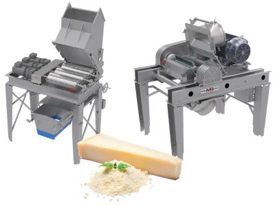 Industrial cheese processing machines with grated parmesan and whole cheese block
