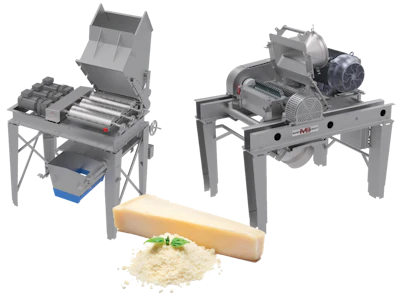 Industrial cheese processing machines with grated parmesan and whole cheese block