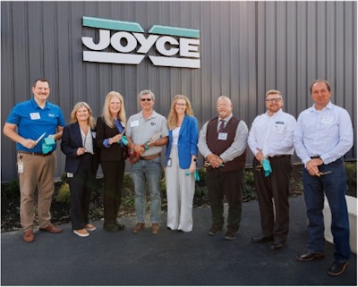 Joyce/Dayton Corp. executives and local dignitaries cut the ribbon at the newly expanded Portland, Indiana production facility. (L to R: Kyle Roe, Plant Manager; Julie Teeters, VP of HR; Dianne Trentman, COO; Brad Weiss, President and CEO; Jessica Rowden, CFO; Jeff Westlake, Mayor of Portland; Michael Boehm, VP of Revenue; and J.D. Prescott, Indiana State Representative)