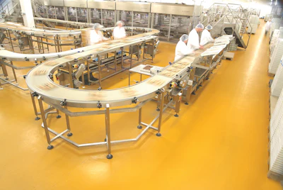 Food manufacturing facility with curved conveyor belts and workers in white protective gear