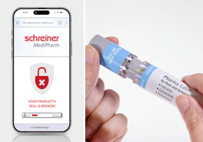 Schreiner MediPharm’s labels include digital first-opening indication. The labels wrap around part of the cap of an autoinjector or pen to prompt an irreversible digital sealing function. During the smartphone scanning process, an automatic check is performed to verify that the product is still intact.