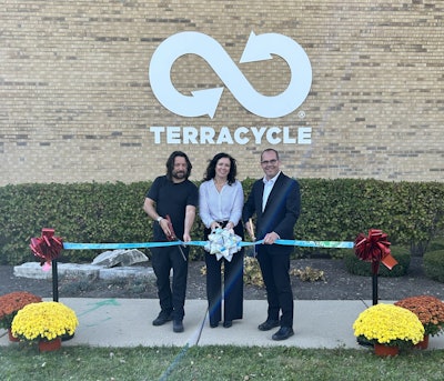 (l. to r.) Tom Szaky and Jen Eichorst of TerraCycle and Aurora, Ill., Mayor John Laesch cut the ribbon at the grand opening of TerraCycle’s new North American Operations Center in Aurora.