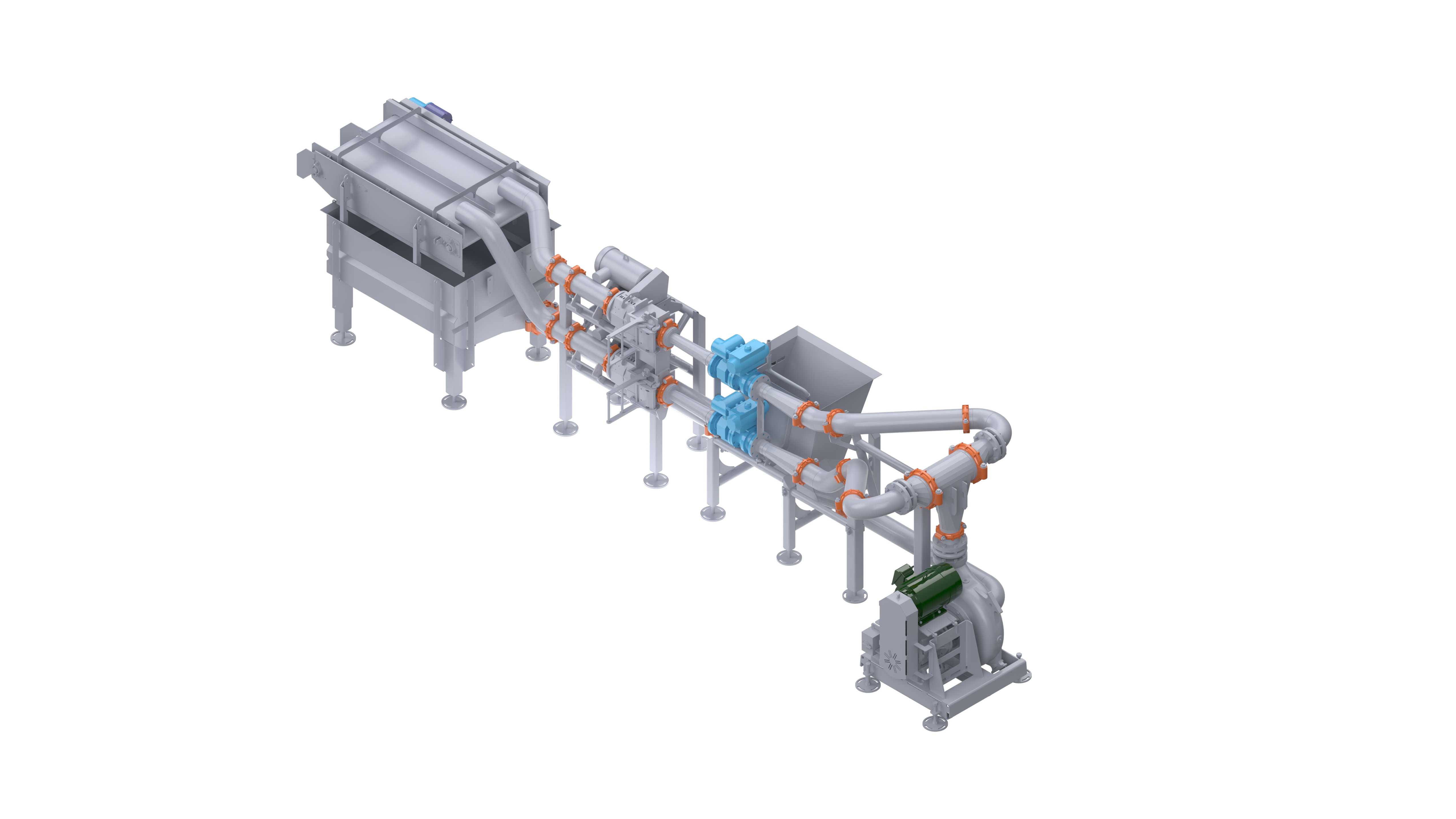 Industrial processing machinery line with interconnected equipment and pipes