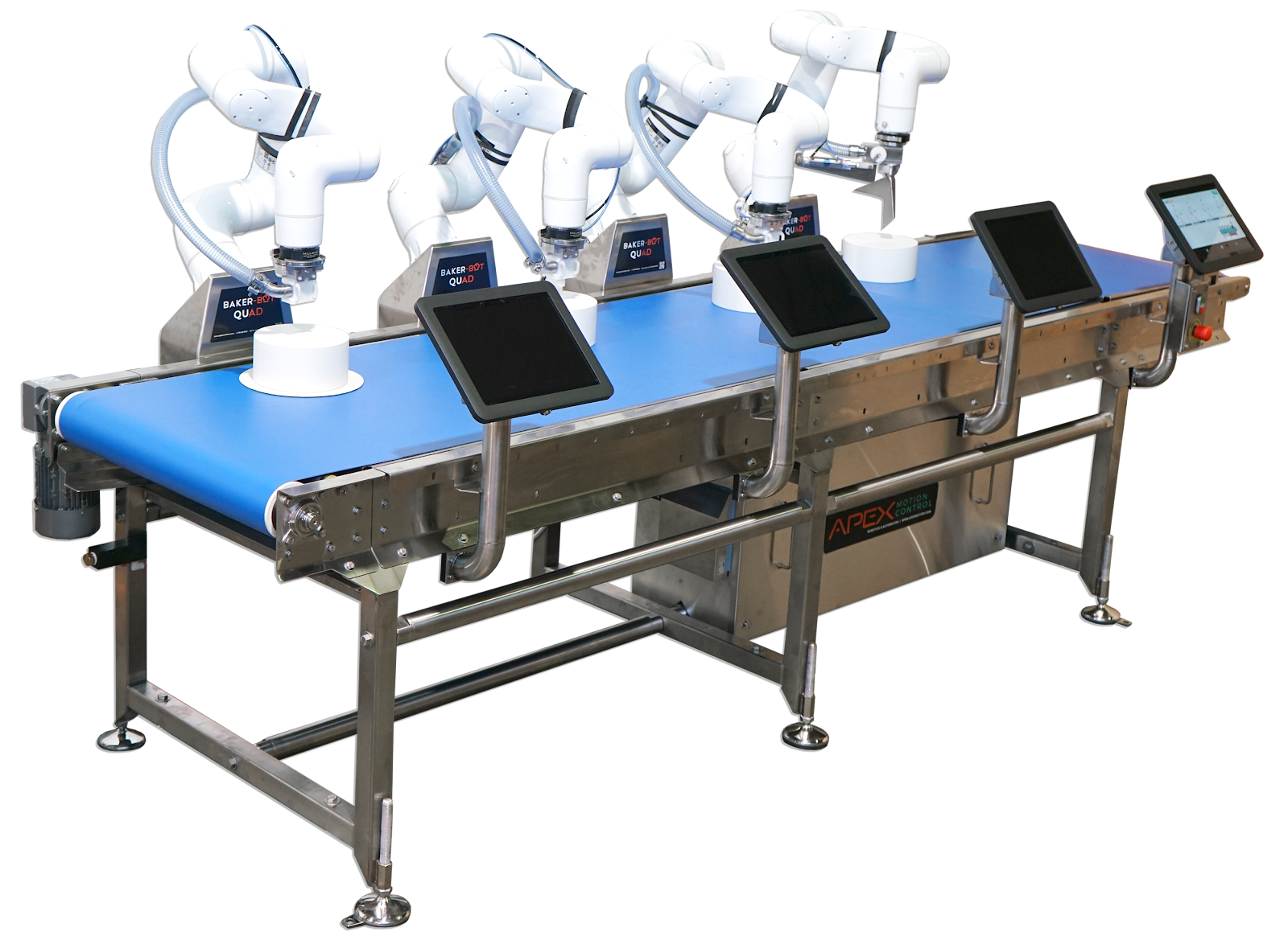 Automated robotic assembly line with multiple white robotic arms on blue conveyor