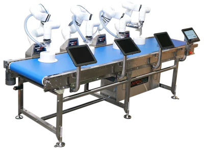 Automated robotic assembly line with multiple white robotic arms on blue conveyor