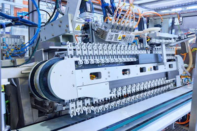 Two XTS linear transport systems installed parallel to each other enable extremely fast and highly precise joining of the plastic cap and carton packaging – supported by additional motion axes implemented using AM8000 servomotors (top).