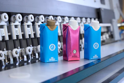 Tetra Pak&circledR; test packs with plastic caps glued on.