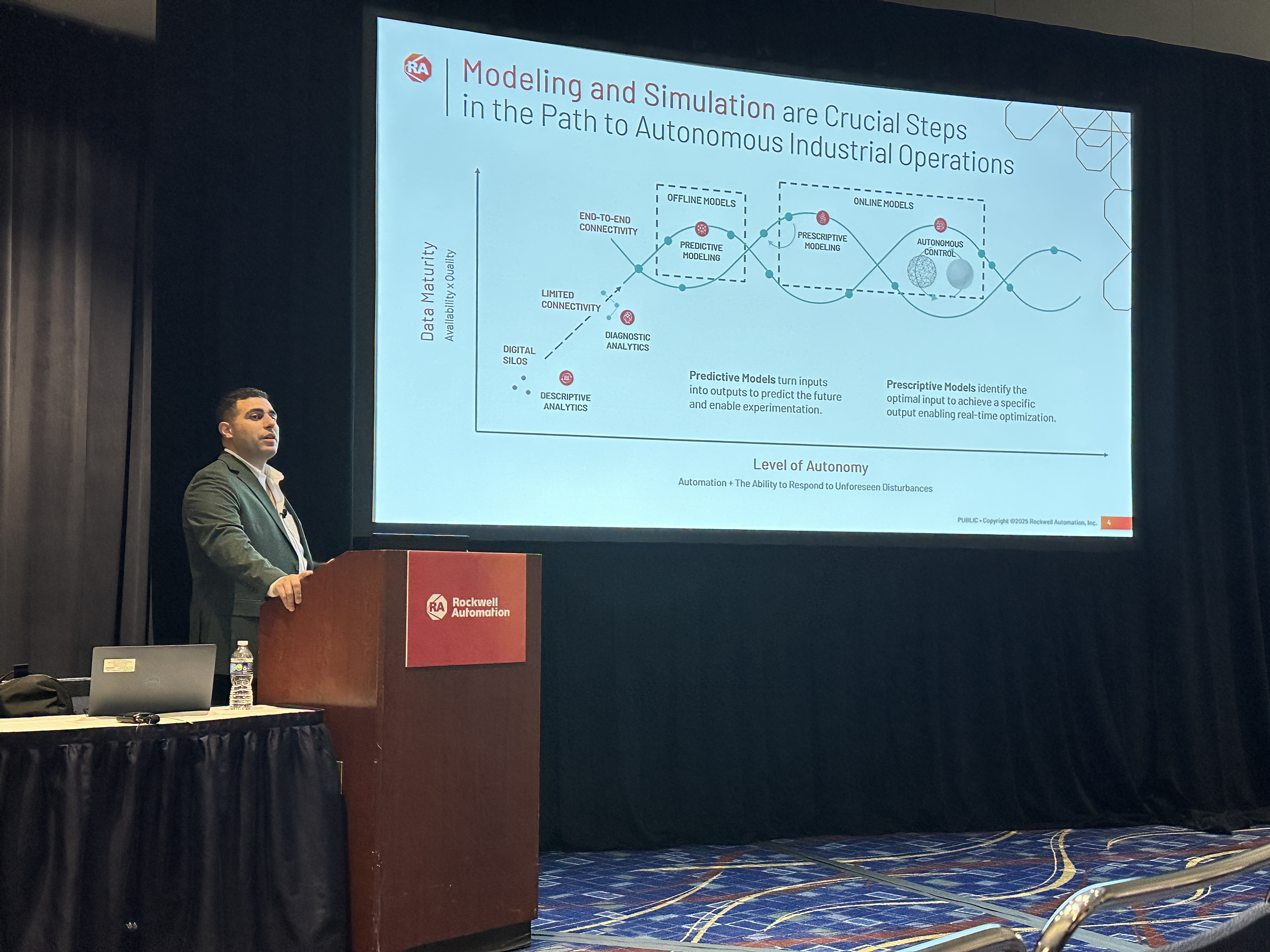 Presenter discussing autonomous industrial operations at Rockwell Automation conference