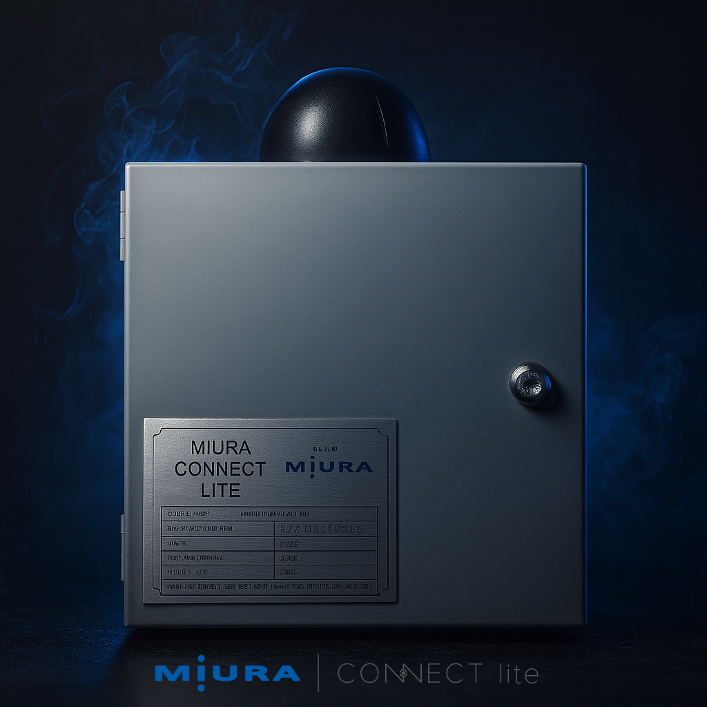 Miura Connect Lite device with metallic panel against dark smoky blue background