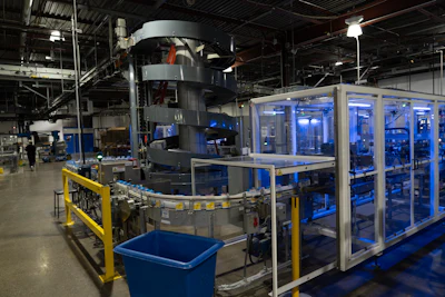 Cartons exit pass through a metal detector before making a turn leading to the case packer. Finished cases or trays then travel by way of a spiral conveyor that takes them to an overhead conveyor leading to the warehouse.